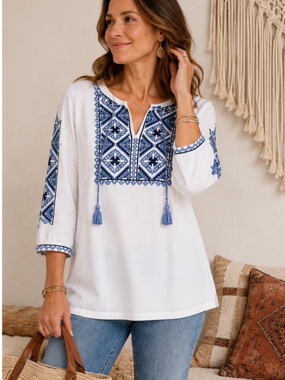 J. Jill White Tunic with Blue Embroidered Panels 008